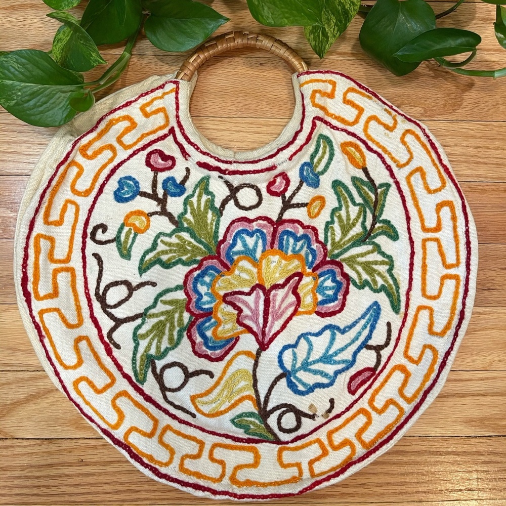 Crewel Hand Embroidered Wooden Handbag